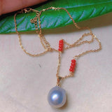 Natural Round Pearl South Red Beads Necklace Green Spiritual Pendant