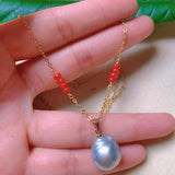 Natural Round Pearl South Red Beads Necklace Green Spiritual Pendant