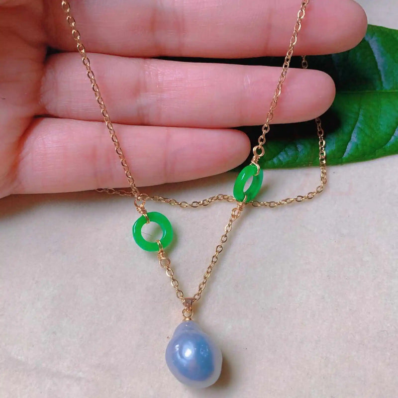 Teardrop Pearl Green Jade Ring Necklace for Spiritual Elegance