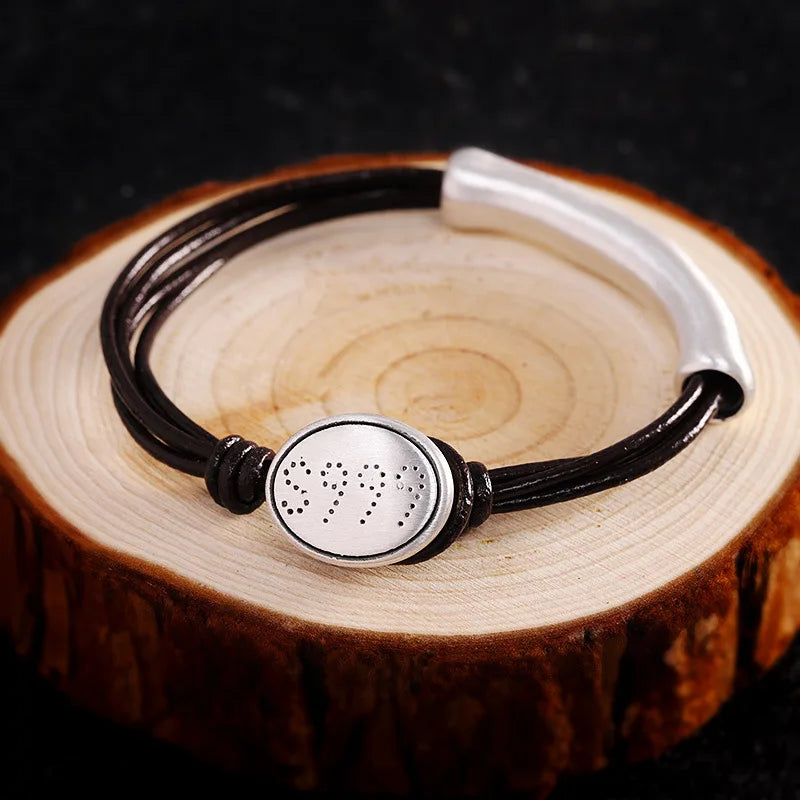 Hand-Woven Cowhide Bracelet for Women with Real S999 Pure Silver Accents