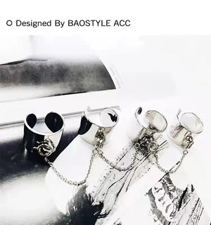 Punk Tide Smooth Surface Chain 4 Rings with Open Finger Ring