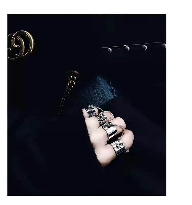 Punk Tide Smooth Surface Chain 4 Rings with Open Finger Ring