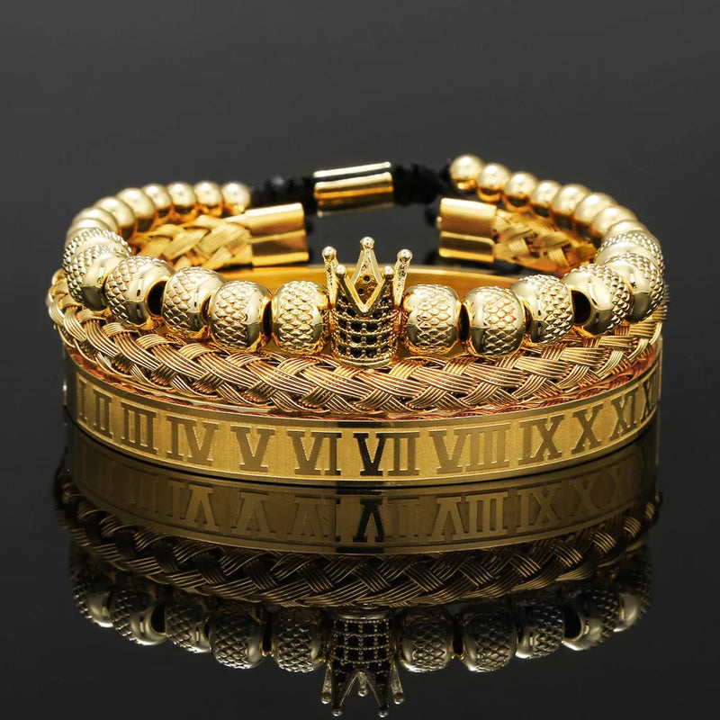 Retro Stainless Steel Crown Weave Bracelet Set for Men