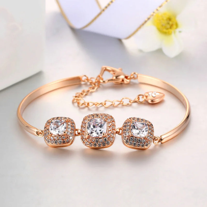 Silver Zircon Bangle Bracelet with Rhinestone Charm