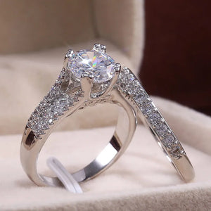 Silver Plated Bridal Ring Set 8mm Round Zircon Women Wedding Engagement Rings