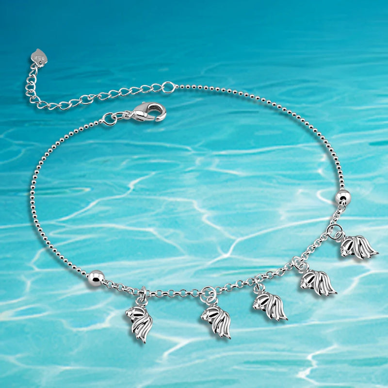 925 Silver Goldfish Anklet for Women, Bead Chains Lady Party