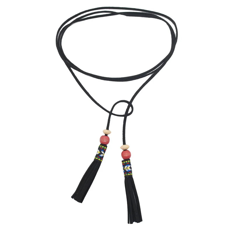 Tassel Choker Necklace Long Sweater Chain Bowknot Leather Rope Dress Belt