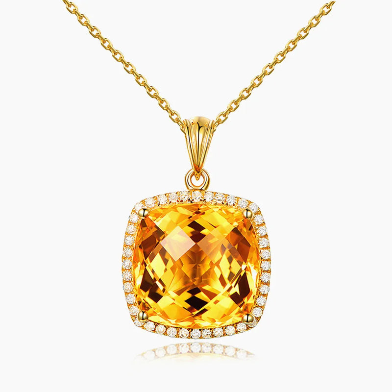 Yellow Citrine Gemstone Diamond Pendant Necklace 14K Tone Choker Jewelry
