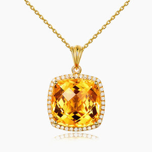 Yellow Citrine Gemstone Diamond Pendant Necklace 14K Tone Choker Jewelry