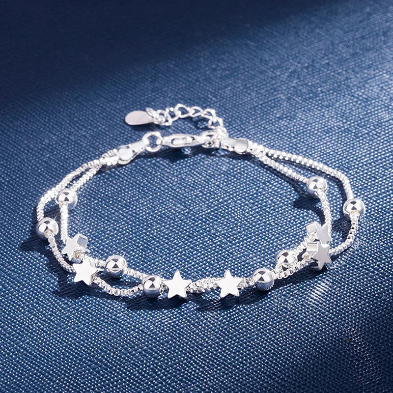 Stars Beads Layered Chain Bracelets for Women Silver Jewelry