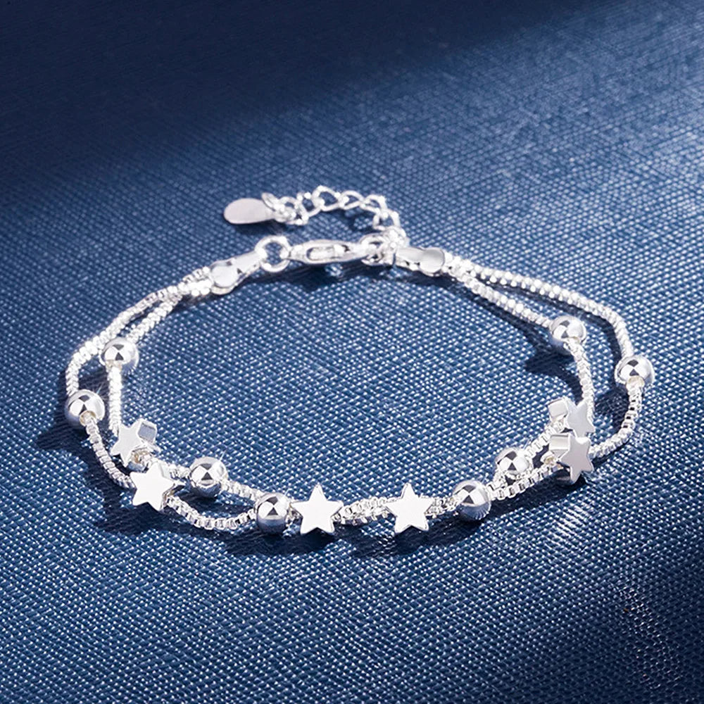 Stars Beads Layered Chain Bracelets for Women Silver Jewelry