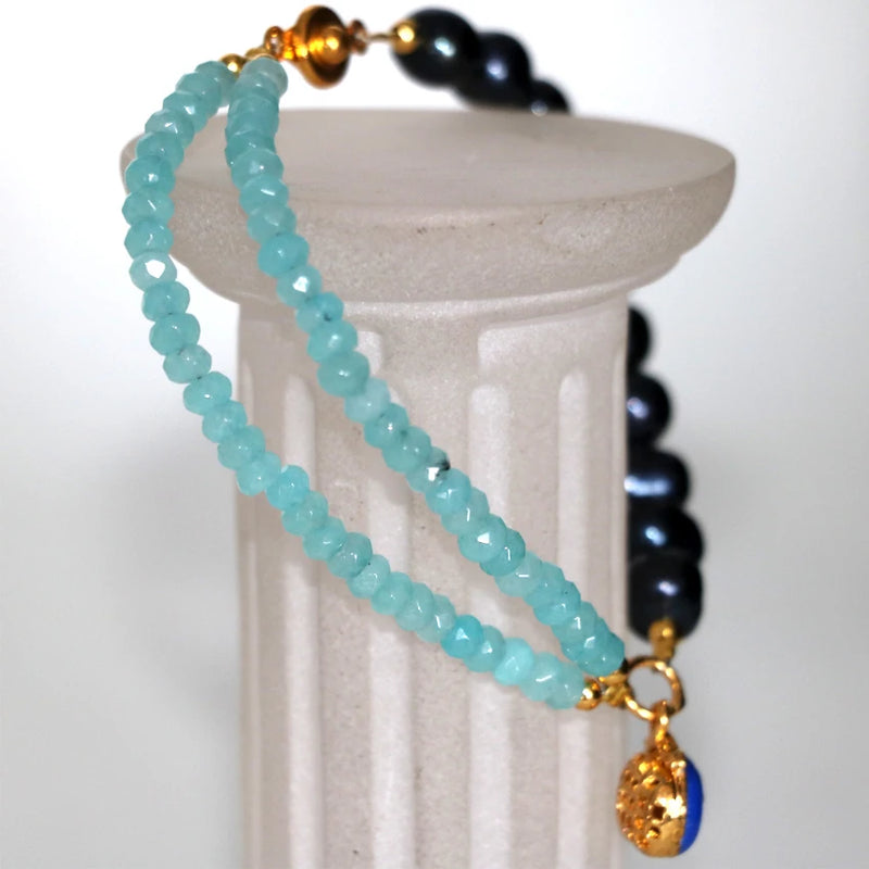 Amazonite and Pearl Beads Bracelet with Cloisonne Charms