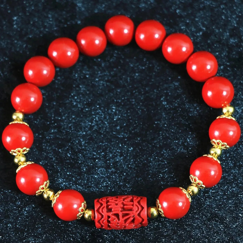 Red Cinnabar 10mm Round Bracelet with Gold Spacer Beads 7.5''