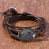 Unisex Leather Gemstone Cuff Bangle Bracelet