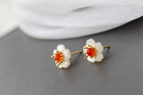Red Agate Shell Petal Stud Earrings 925 Sterling Silver