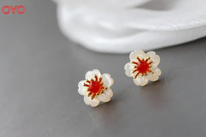 Red Agate Shell Petal Stud Earrings 925 Sterling Silver