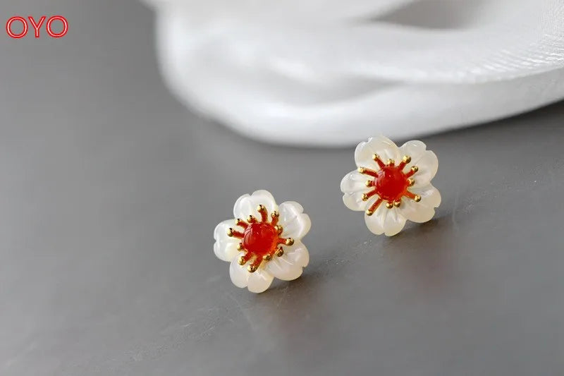 Red Agate Shell Petal Stud Earrings 925 Sterling Silver
