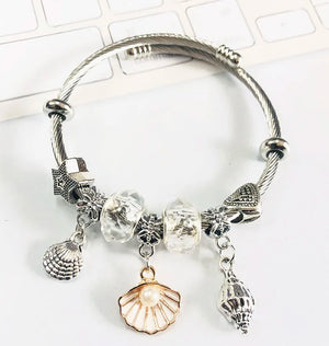 Stainless Steel Bangle with Pearl Sea Shell Pendant