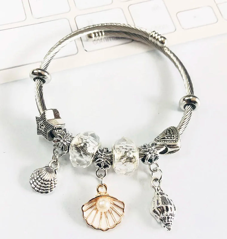 Stainless Steel Bangle with Pearl Sea Shell Pendant