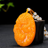 Yellow Jade Dragon Pendant Necklace Chinese Hand-Carved Healing Luck Amulet P28