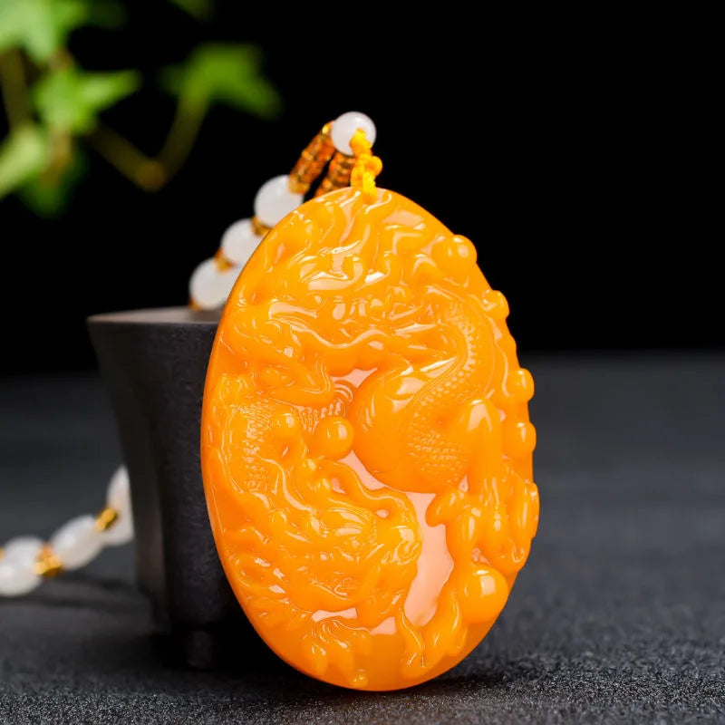 Yellow Jade Dragon Pendant Necklace Chinese Hand-Carved Healing Luck Amulet P28