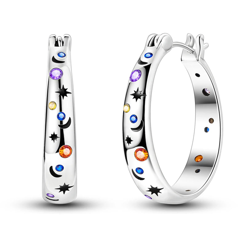 925 Silver Colorful Moon & Starry Sky Earrings Women's Date Jewelry