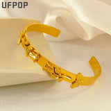 Stainless Steel Rose Flower Open Bracelet Plated Bohemian Party Bangle