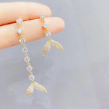 Fish Tail Needle Earrings Zircon Inlay Non-symmetrical