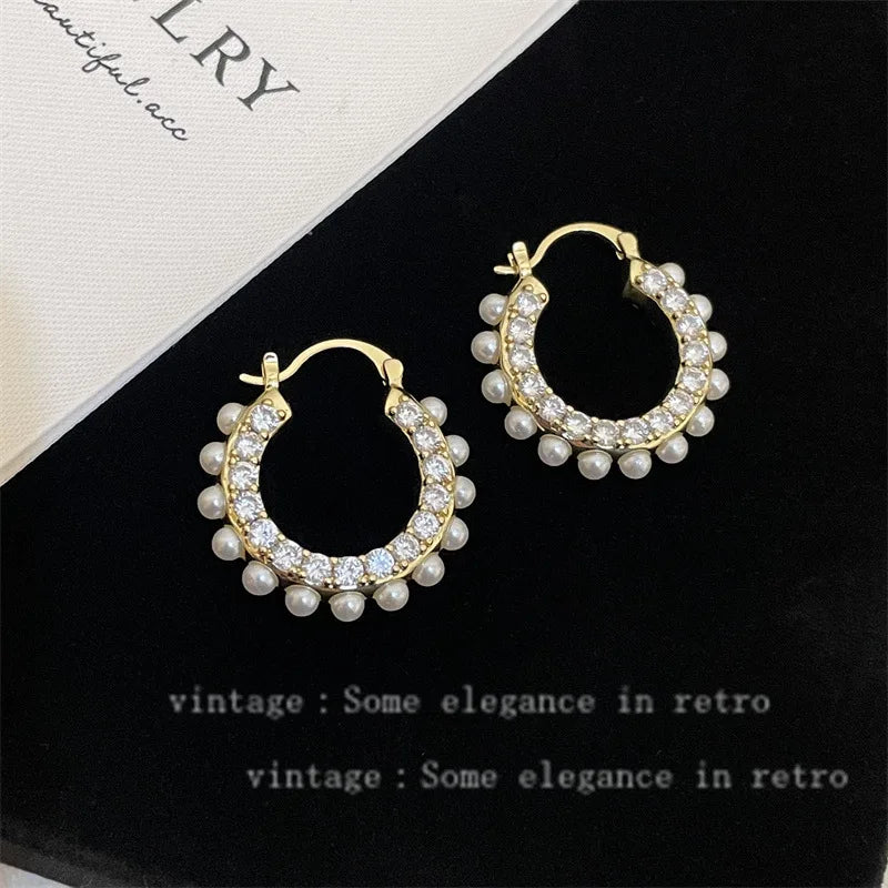 Geometric Zircon Pearls Sparkling Earrings