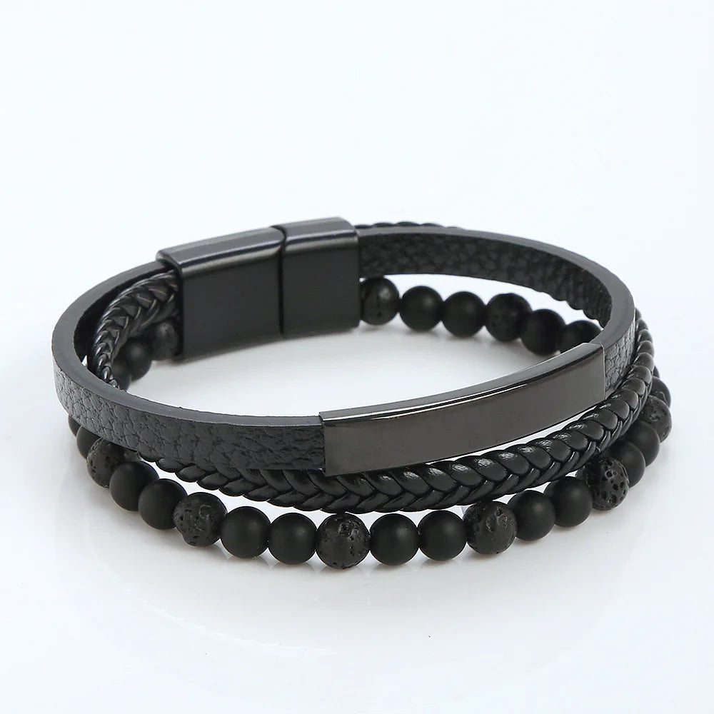 Multi-Layer Hand Woven Beaded Leather Bracelet For Men