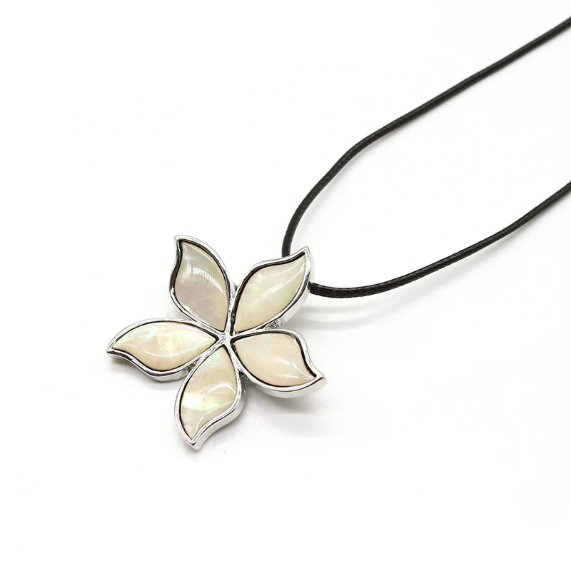 Abalone Shell Flower Pendant Brooch Necklace Leather Rope