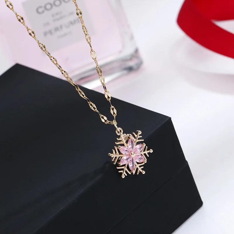 Hollow Snowflake Pendant Collarbone Chain with Pink Zirconia Necklace
