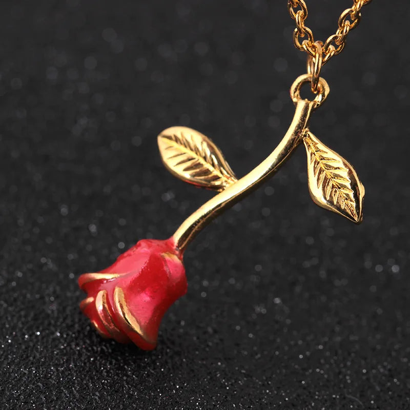 Red Rose Flower Pendant Necklace for Women Girls