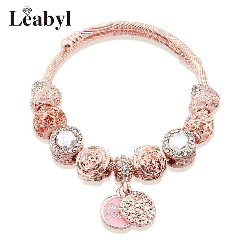 Rose Stainless Steel Flower Pendant Cuff Bangle Heart Charm Bracelet