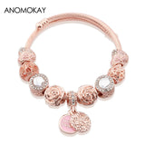 Rose Stainless Steel Flower Pendant Cuff Bangle Heart Charm Bracelet