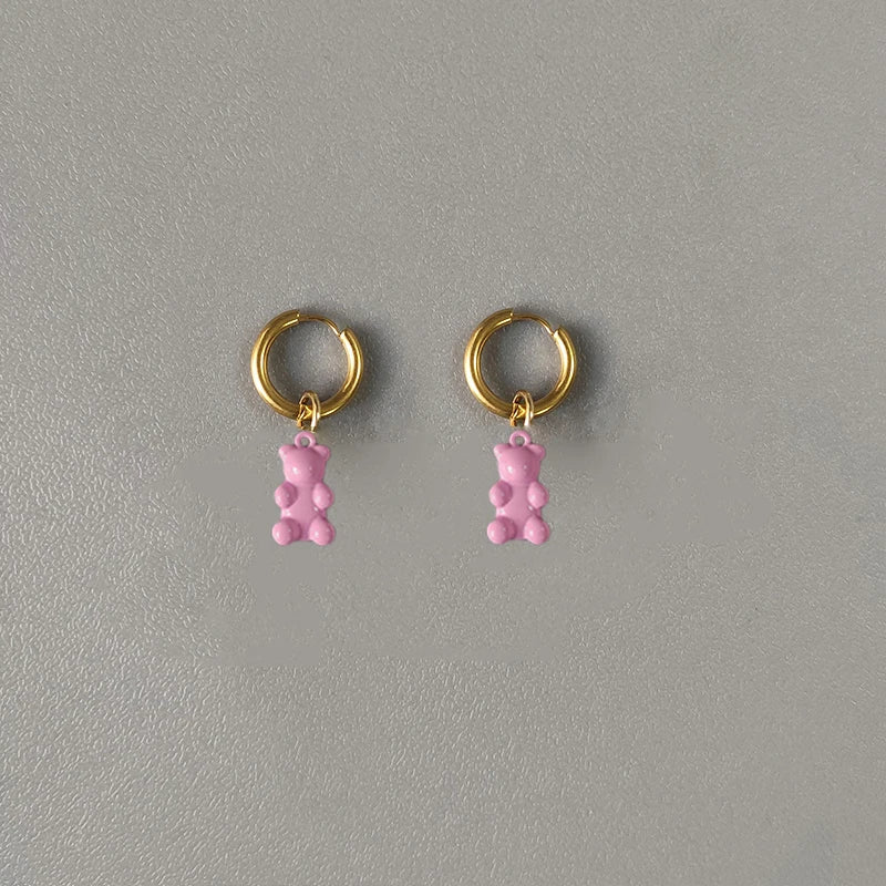 Stainless Steel Bear Pendant Hoops Earrings