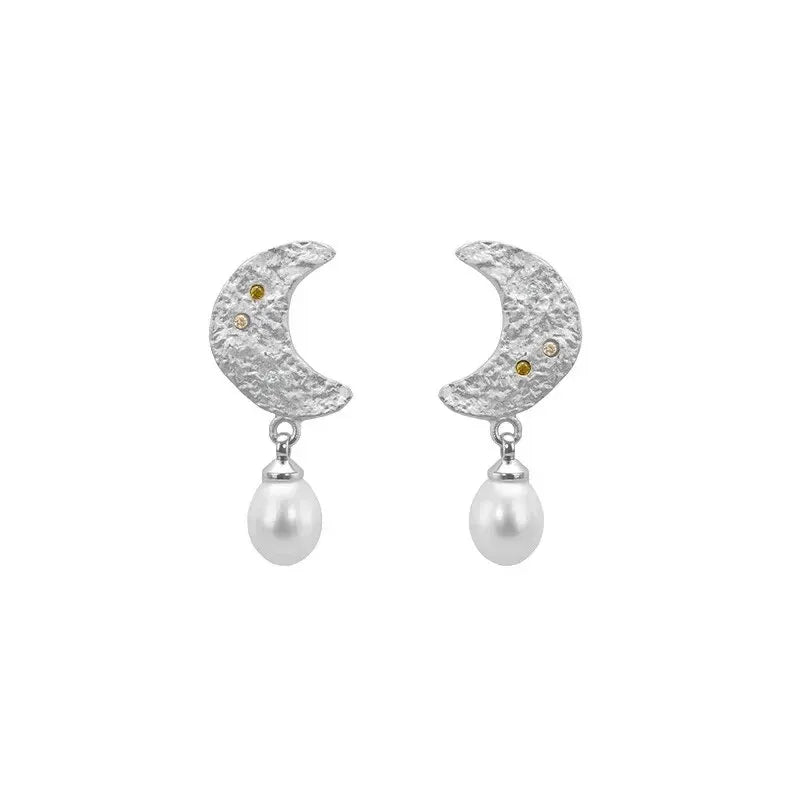 Hand-carved Wax Zirconia Moon Pearl Earrings - High-end Moon Jewelry