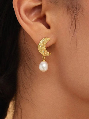 Hand-carved Wax Zirconia Moon Pearl Earrings - High-end Moon Jewelry