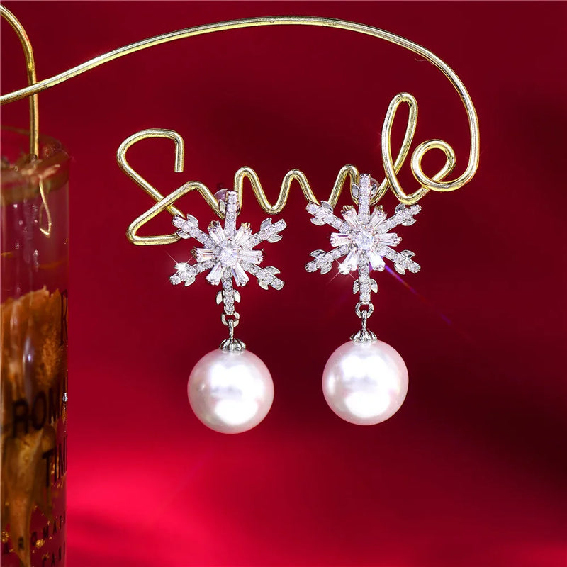Snowflake Zircon & Christmas Pearl Earrings