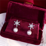 Snowflake Zircon & Christmas Pearl Earrings