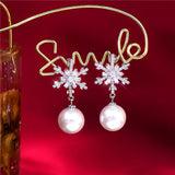 Snowflake Zircon & Christmas Pearl Earrings