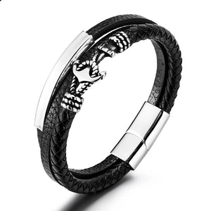 Stylish Stainless Steel Anchor Leather Bracelet Men's Cowhide Braided Gift