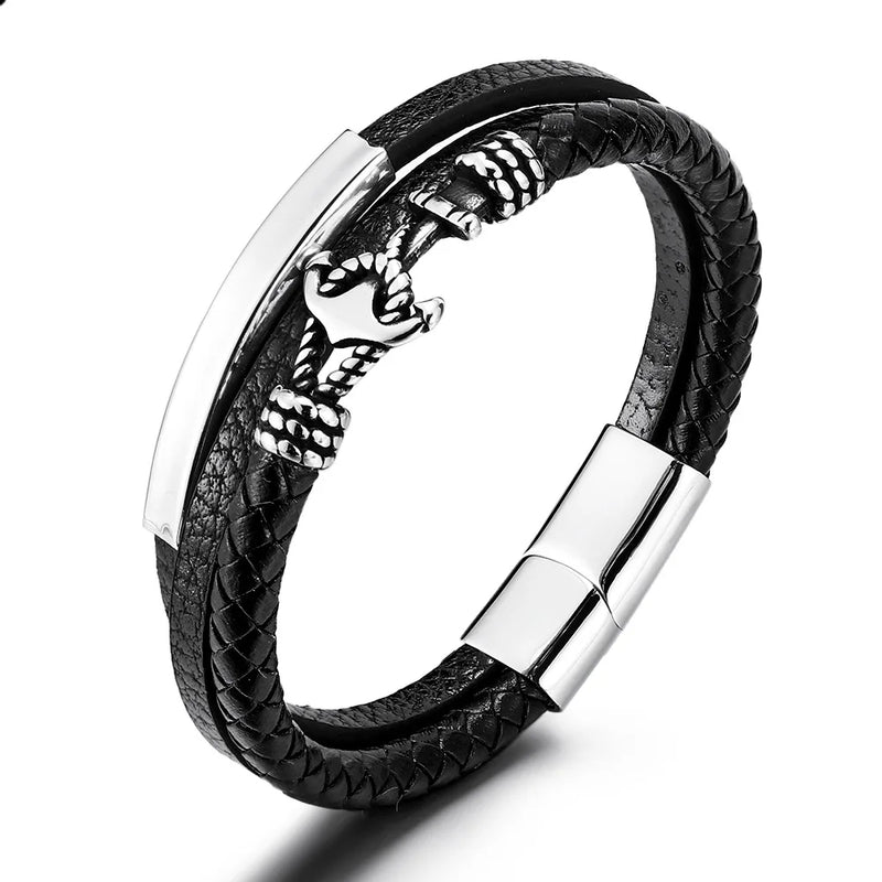 Stylish Stainless Steel Anchor Leather Bracelet Men's Cowhide Braided Gift