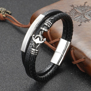 Stylish Stainless Steel Anchor Leather Bracelet Men's Cowhide Braided Gift