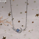 S925 Silver Zircon Planet Moon Pendant Necklace