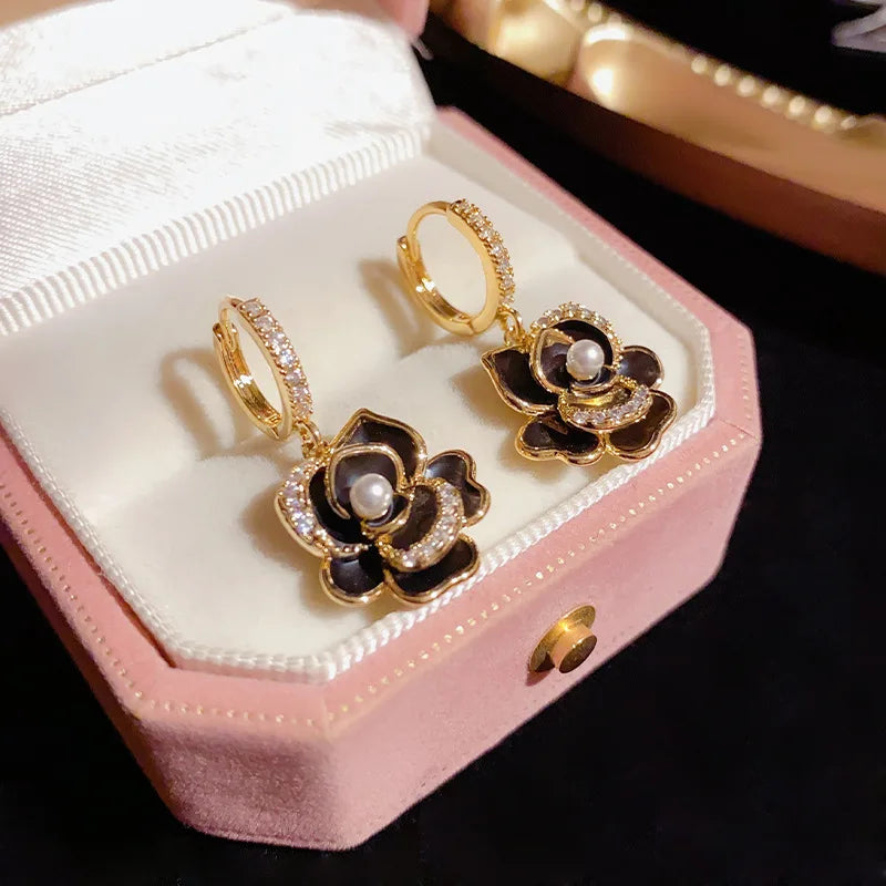 Camellia Earrings with Pearl and Zircon Drop