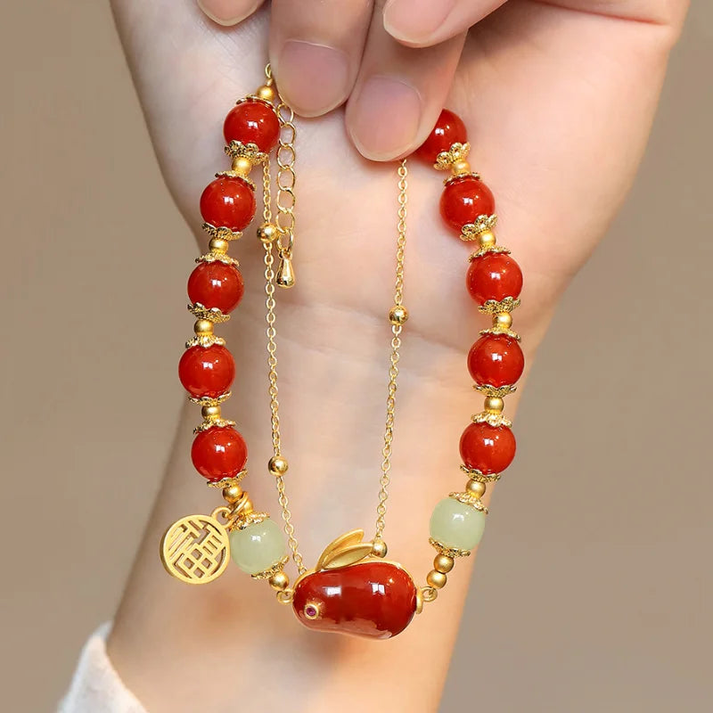 Rabbit Bracelet for Women Red Tourmaline Hotan Jade Bangles Bead Jewelry