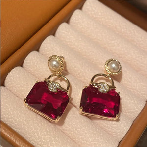 Retro Red Diamond Bag Earrings Geometric Square Silver Needle