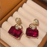 Retro Red Diamond Bag Earrings Geometric Square Silver Needle