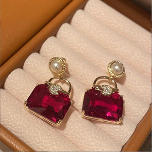 Retro Red Diamond Bag Earrings Geometric Square Silver Needle